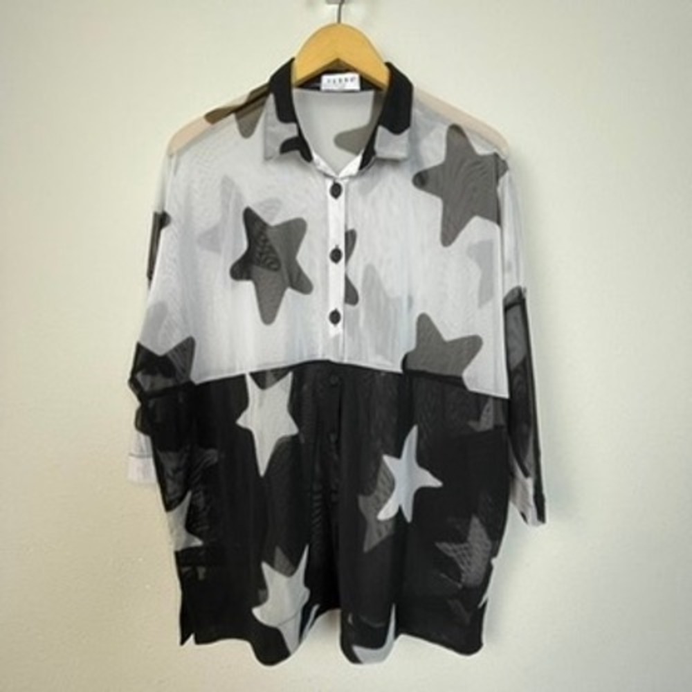 Terra Casual Star Sheer Celestrial Edgy Button Up Shirt Womens Large Black White